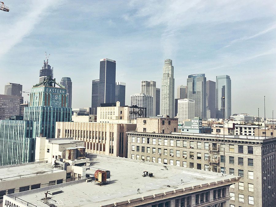 A view of the Los Angeles, CA, skyline during the daytime.