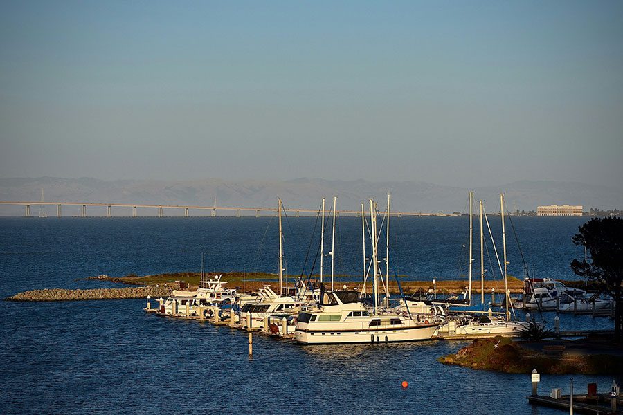 Boats docked by the ocean in San Mateo, California.