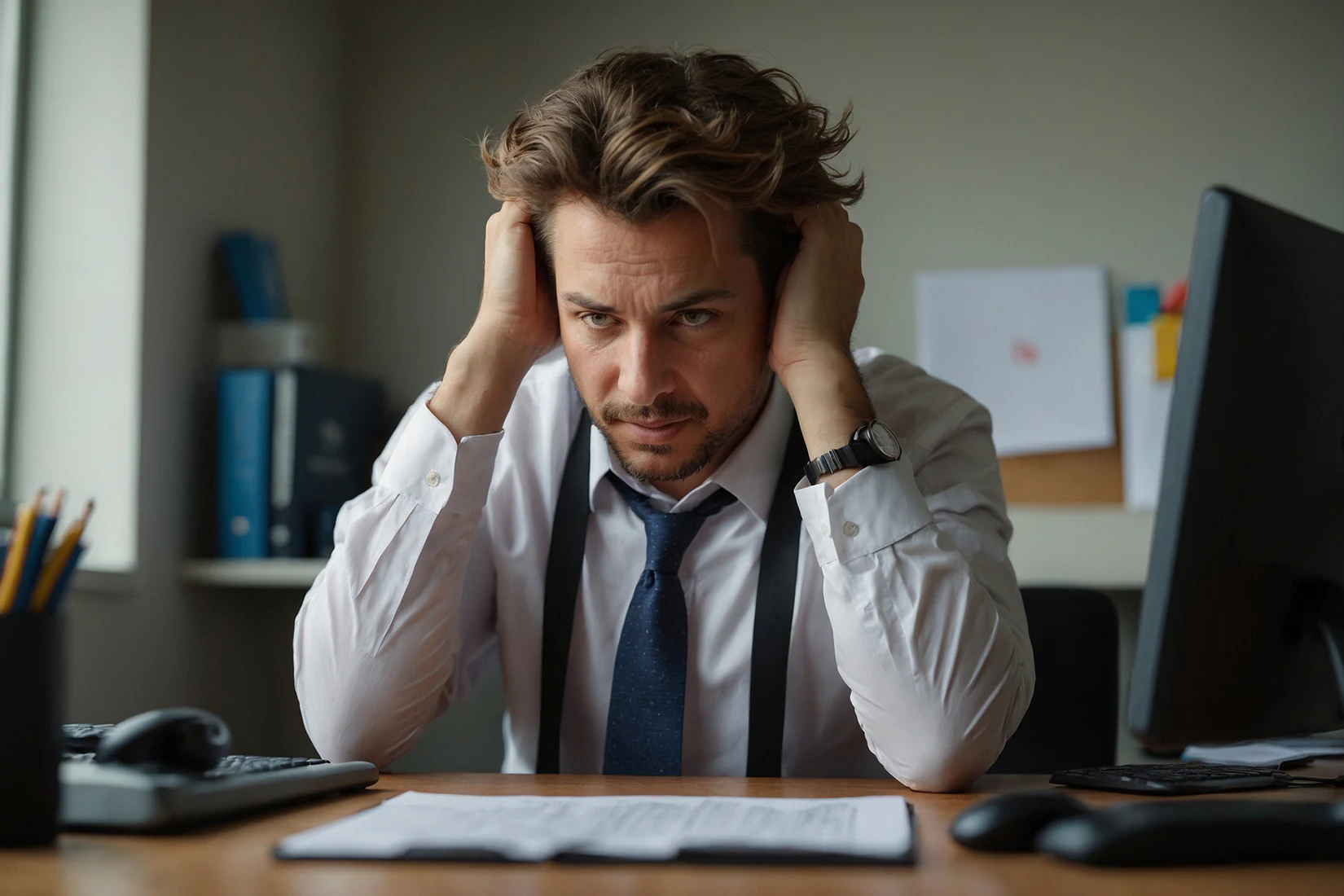  A stressed-out man in his office needs to contact Ventura County employment lawyers