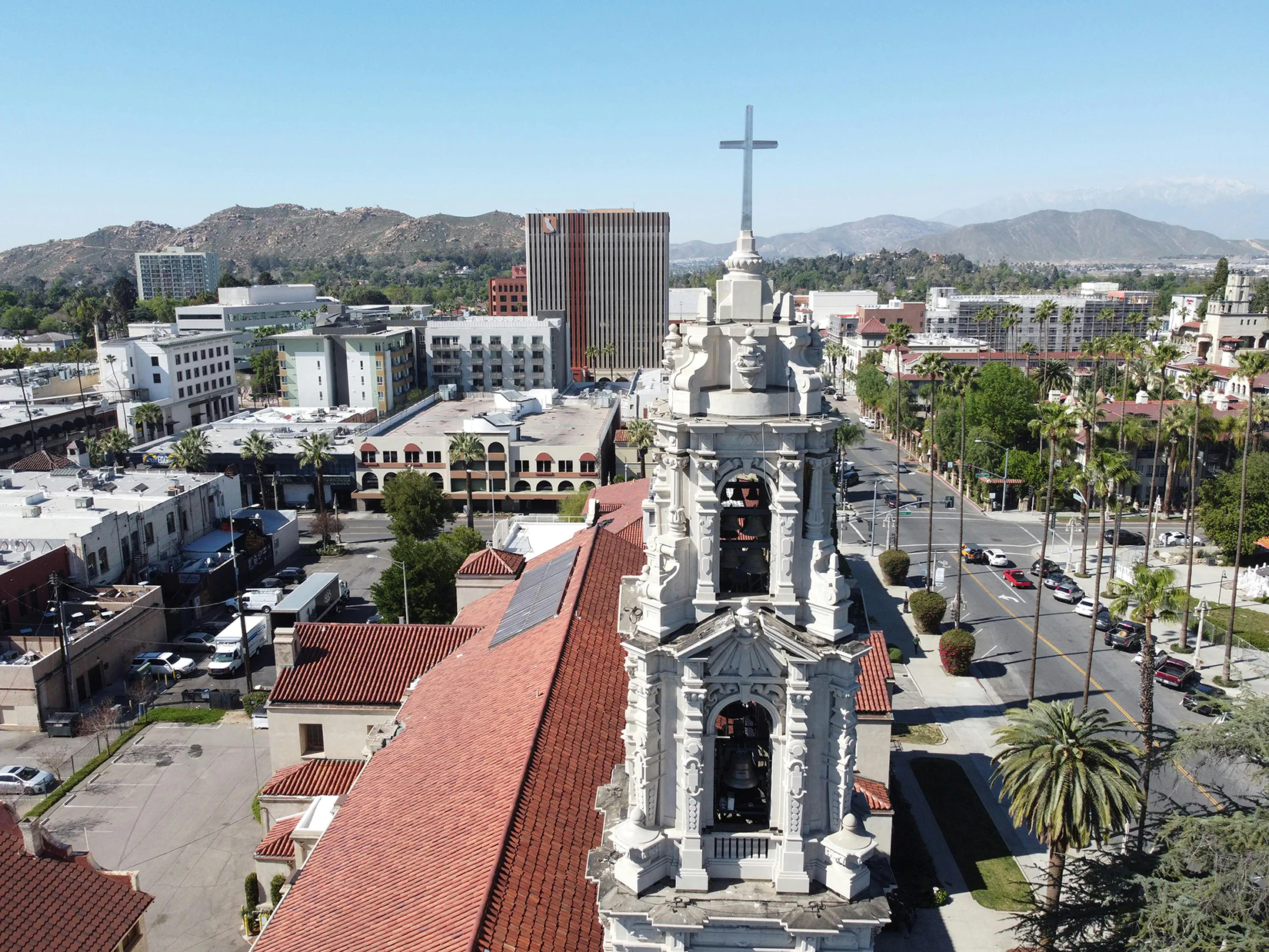 An aerial view of the historic skyline of downtown Riverside, CA.