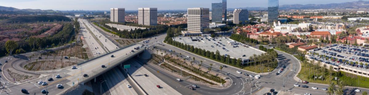 Aerial view of Irvine skyline in Orange County, CA